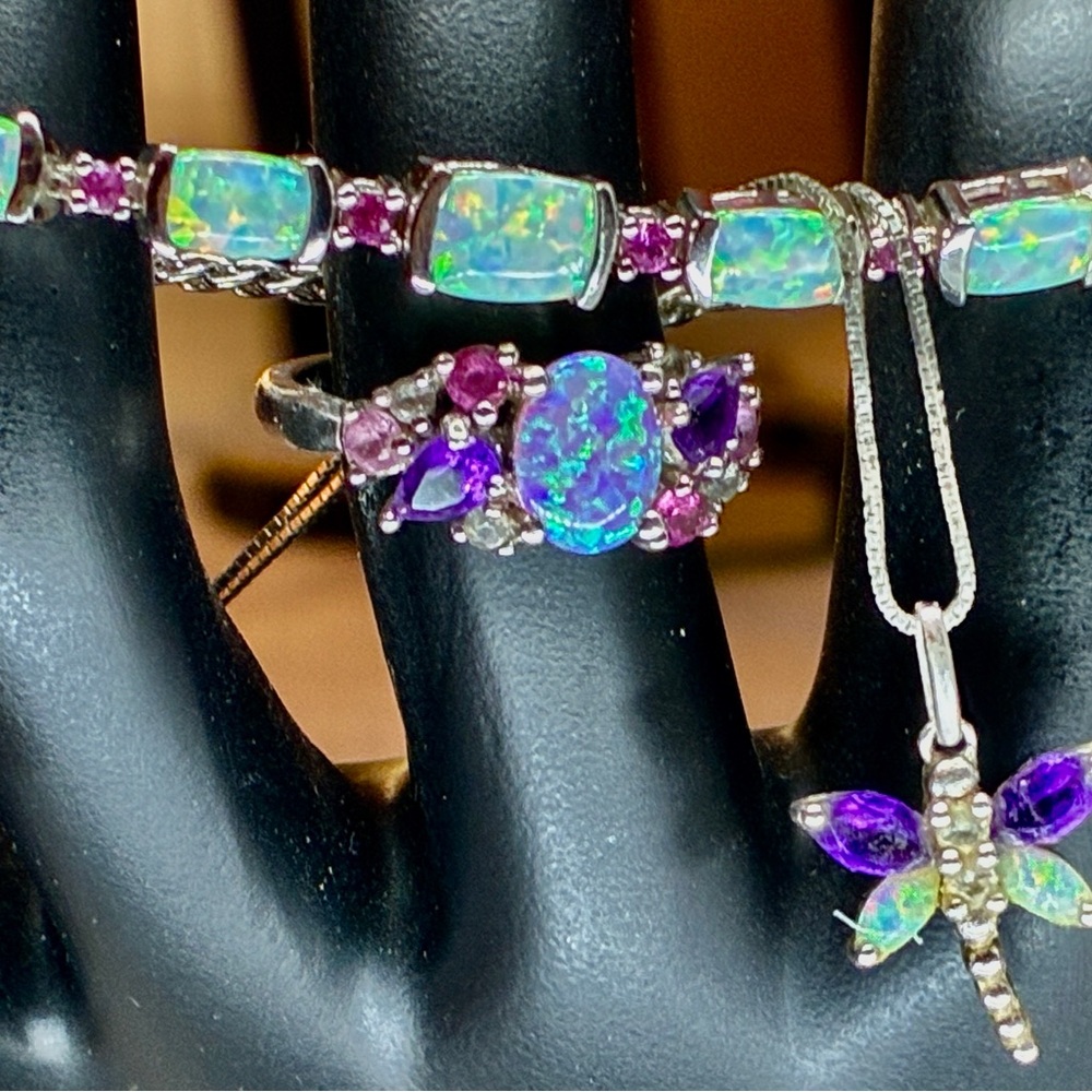 Simulated Opal Set, Necklace, Bracelet And Ring In 9.25 Sterling Silver Lot 45